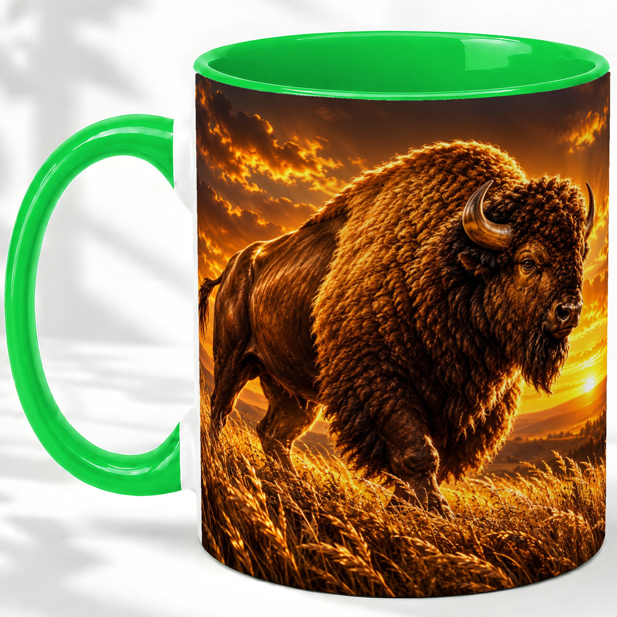 #pl[11oz|Green] American Bison Ceramic Mug, Golden Sunset Prairie Artwork