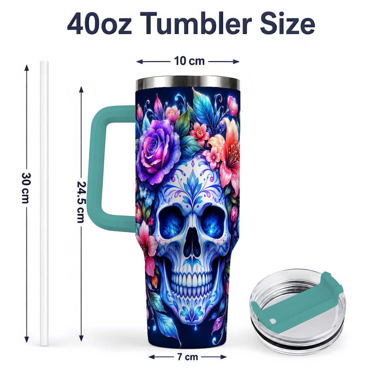 #pl[40oz|Green] Blue Floral Skull 40oz Tumbler, Colorful Botanical Gothic Art