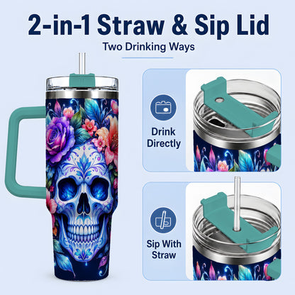 #pl[40oz|Green] Blue Floral Skull 40oz Tumbler, Colorful Botanical Gothic Art