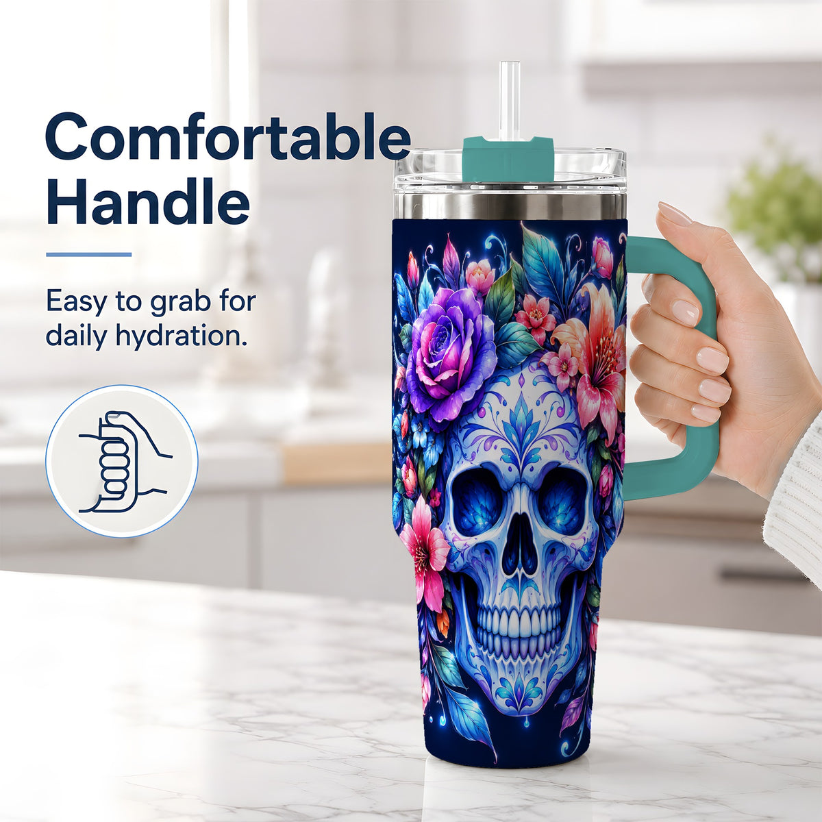 #pl[40oz|Green] Blue Floral Skull 40oz Tumbler, Colorful Botanical Gothic Art