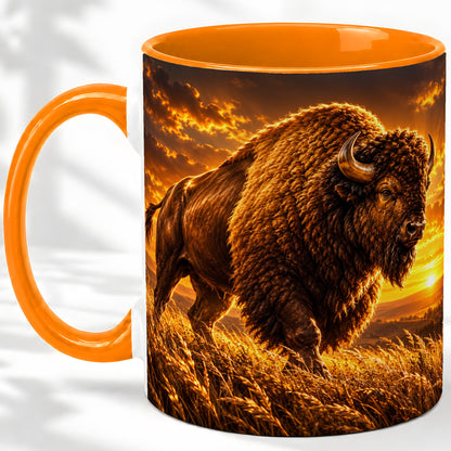 #pl[11oz|Orange] American Bison Ceramic Mug, Golden Sunset Prairie Artwork