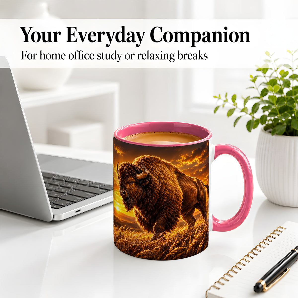 #pl[11oz|Pink] American Bison Ceramic Mug, Golden Sunset Prairie Artwork