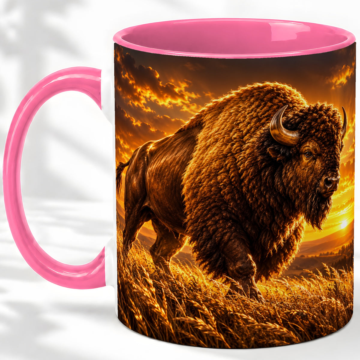 #pl[11oz|Pink] American Bison Ceramic Mug, Golden Sunset Prairie Artwork