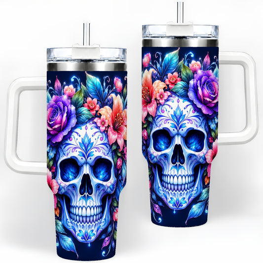 Blue Floral Skull 40oz Tumbler, Colorful Botanical Gothic Art
