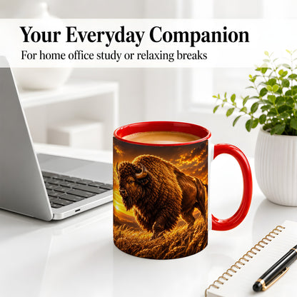 #pl[11oz|Red] American Bison Ceramic Mug, Golden Sunset Prairie Artwork