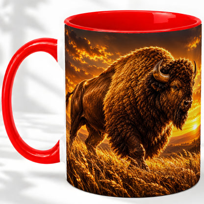 American Bison Ceramic Mug, Golden Sunset Prairie Artwork