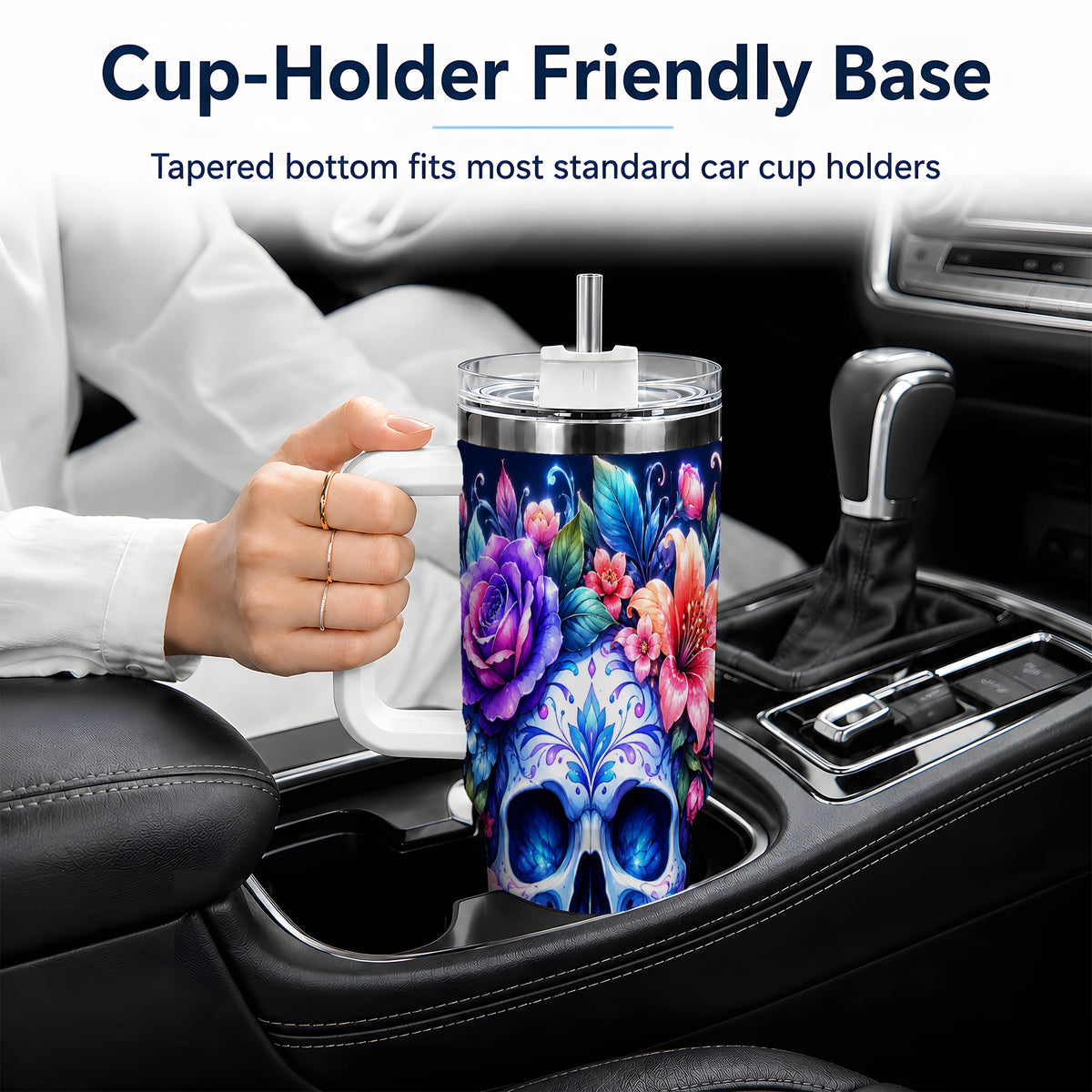 Blue Floral Skull 40oz Tumbler, Colorful Botanical Gothic Art
