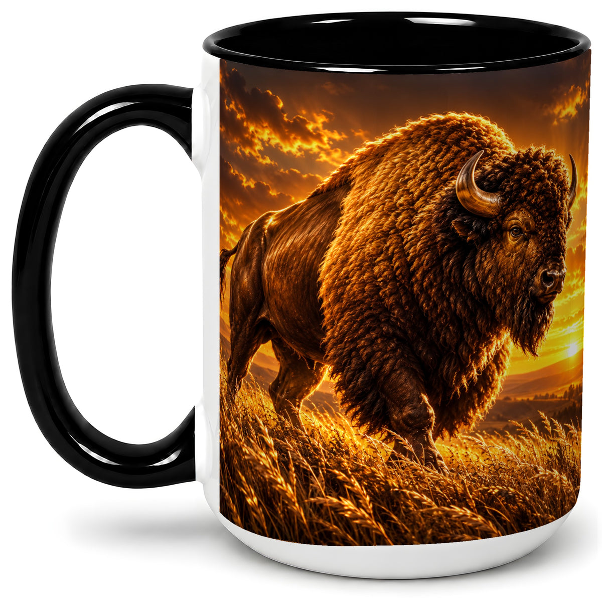#pl[15oz|Black] American Bison Ceramic Mug, Golden Sunset Prairie Artwork