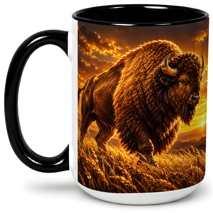 #pl[15oz|Black] American Bison Ceramic Mug, Golden Sunset Prairie Artwork