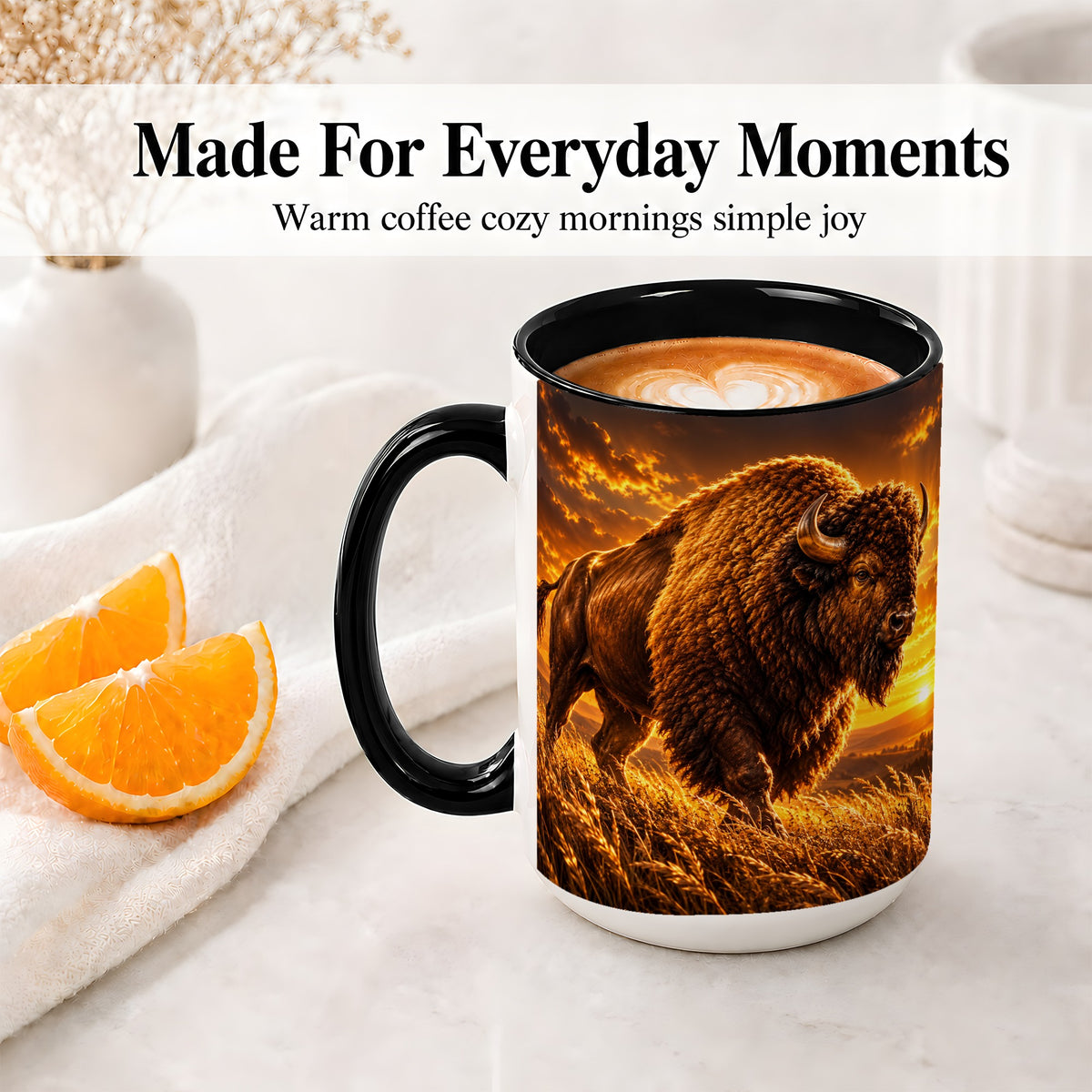 #pl[15oz|Black] American Bison Ceramic Mug, Golden Sunset Prairie Artwork