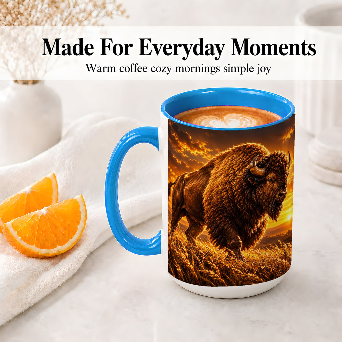 #pl[15oz|Blue] American Bison Ceramic Mug, Golden Sunset Prairie Artwork