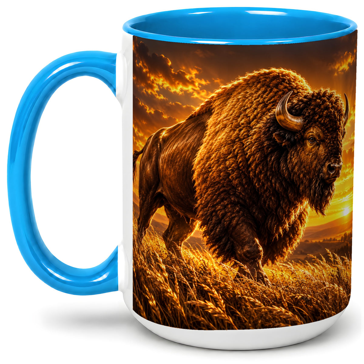 #pl[15oz|Blue] American Bison Ceramic Mug, Golden Sunset Prairie Artwork