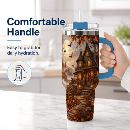 #pl[40oz|Blue] Halloween Cottage 40oz Tumbler, Full Moon Autumn Night Artwork