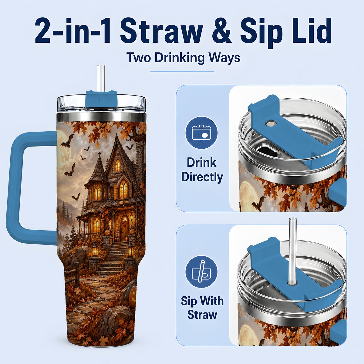 #pl[40oz|Blue] Halloween Cottage 40oz Tumbler, Full Moon Autumn Night Artwork