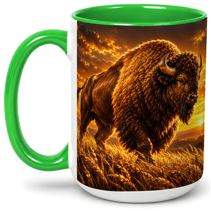 #pl[15oz|Green] American Bison Ceramic Mug, Golden Sunset Prairie Artwork