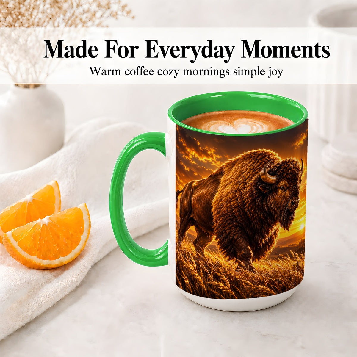 #pl[15oz|Green] American Bison Ceramic Mug, Golden Sunset Prairie Artwork