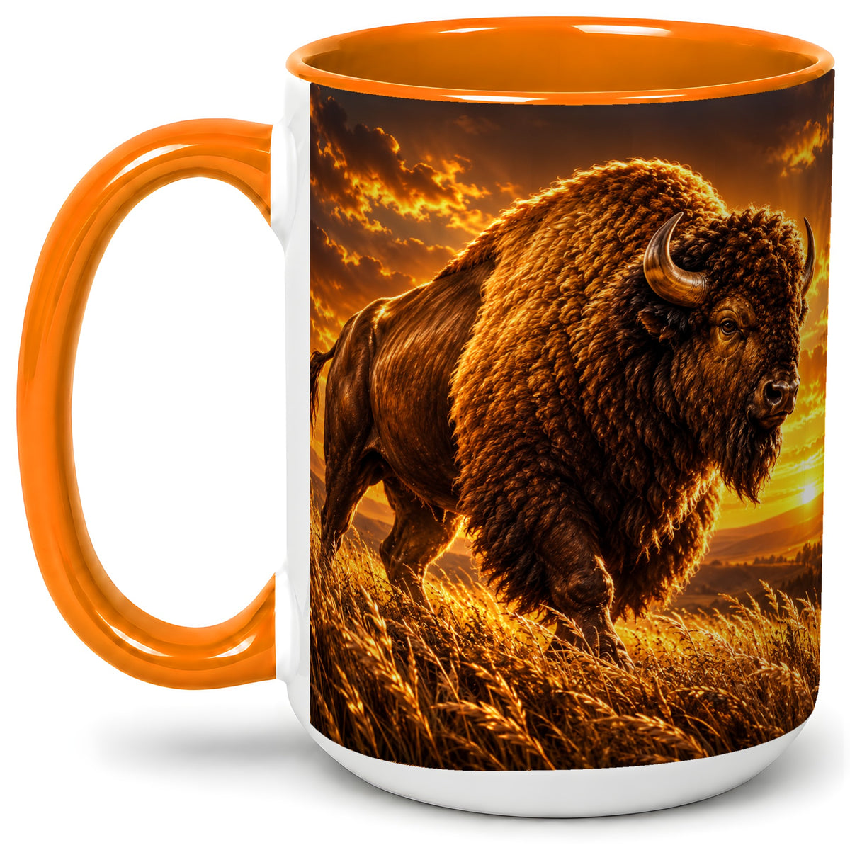 #pl[15oz|Orange] American Bison Ceramic Mug, Golden Sunset Prairie Artwork