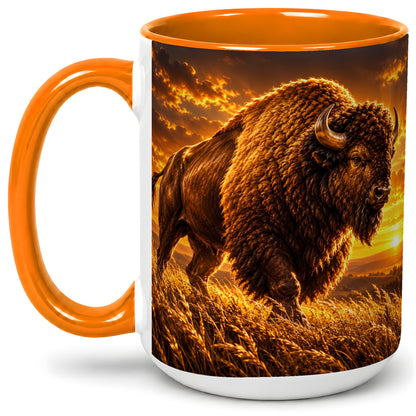 #pl[15oz|Orange] American Bison Ceramic Mug, Golden Sunset Prairie Artwork