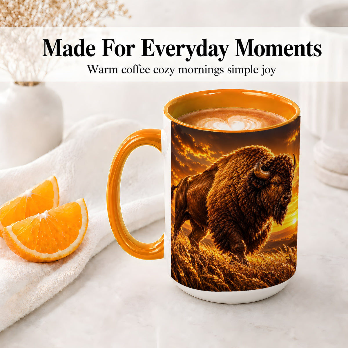 #pl[15oz|Orange] American Bison Ceramic Mug, Golden Sunset Prairie Artwork