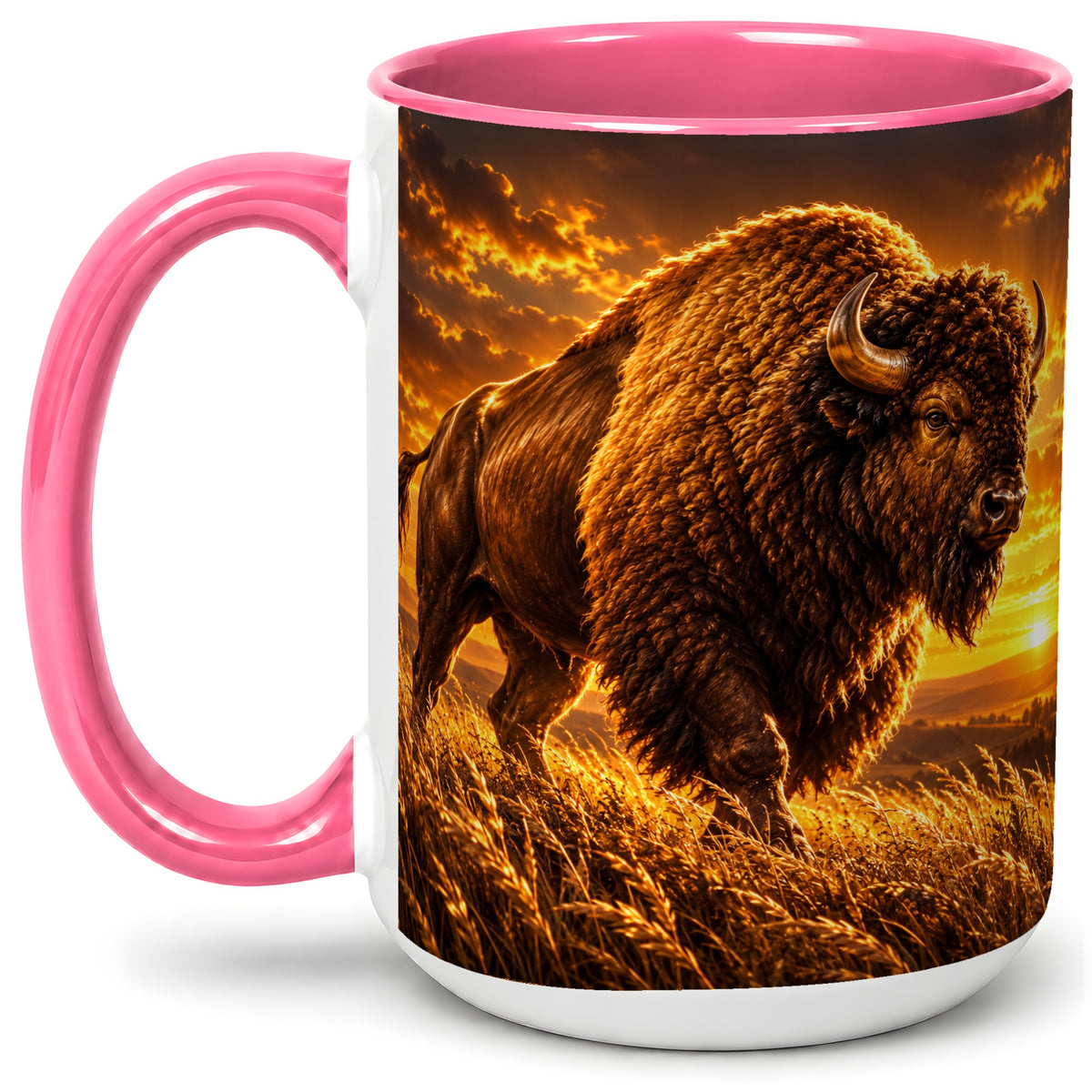 #pl[15oz|Pink] American Bison Ceramic Mug, Golden Sunset Prairie Artwork