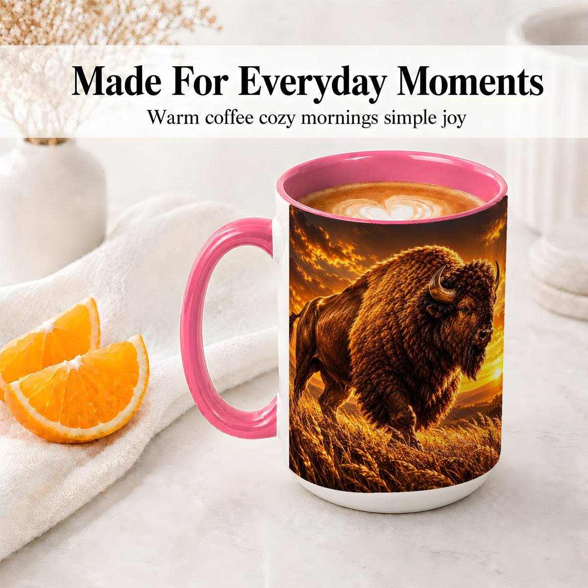 #pl[15oz|Pink] American Bison Ceramic Mug, Golden Sunset Prairie Artwork