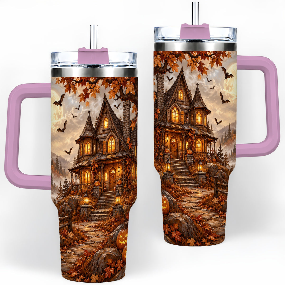 #pl[40oz|Pink] Halloween Cottage 40oz Tumbler, Full Moon Autumn Night Artwork