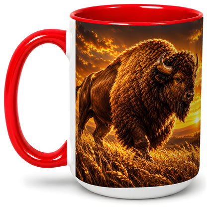 #pl[15oz|Red] American Bison Ceramic Mug, Golden Sunset Prairie Artwork
