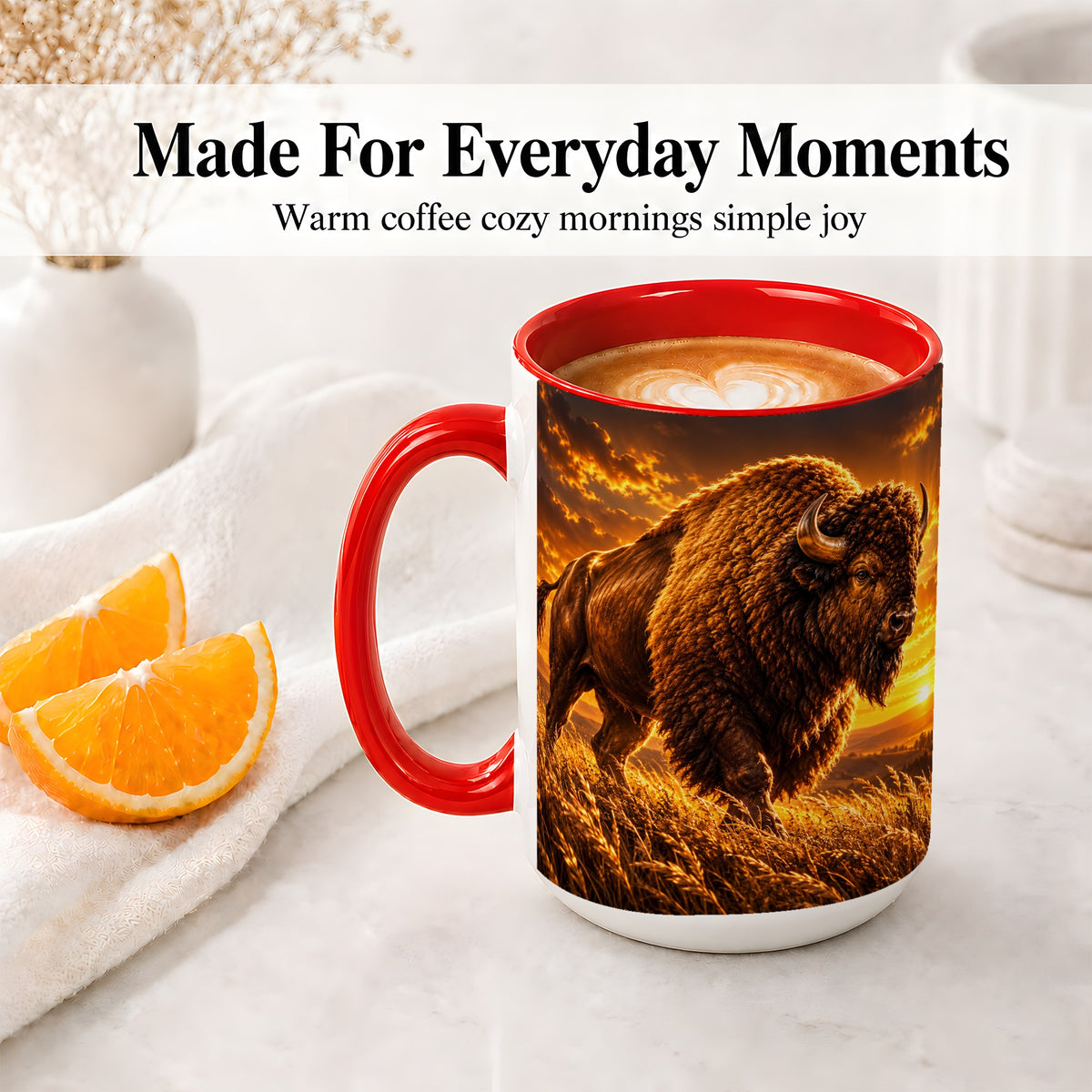 #pl[15oz|Red] American Bison Ceramic Mug, Golden Sunset Prairie Artwork