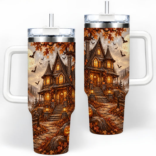 Halloween Cottage 40oz Tumbler, Full Moon Autumn Night Artwork