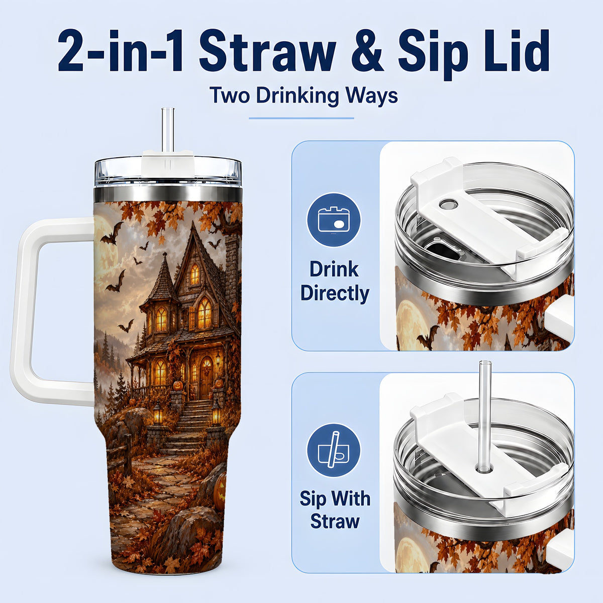 #pl[40oz|White] Halloween Cottage 40oz Tumbler, Full Moon Autumn Night Artwork