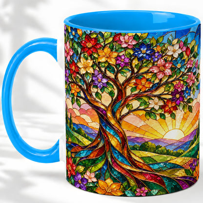 #pl[11oz|Blue] Colorful Floral Tree Ceramic Mug, Stained Glass Style Artwork