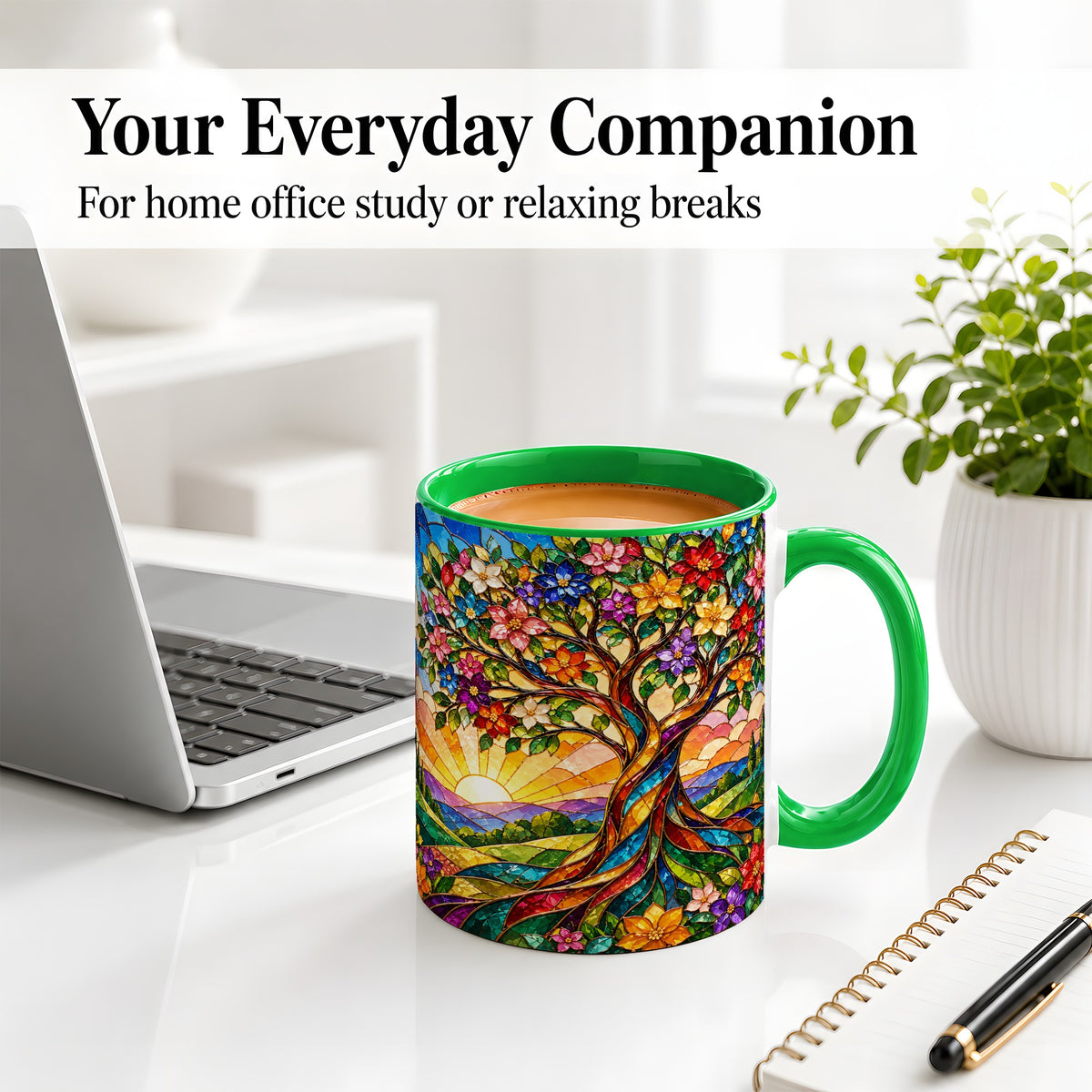 #pl[11oz|Green] Colorful Floral Tree Ceramic Mug, Stained Glass Style Artwork