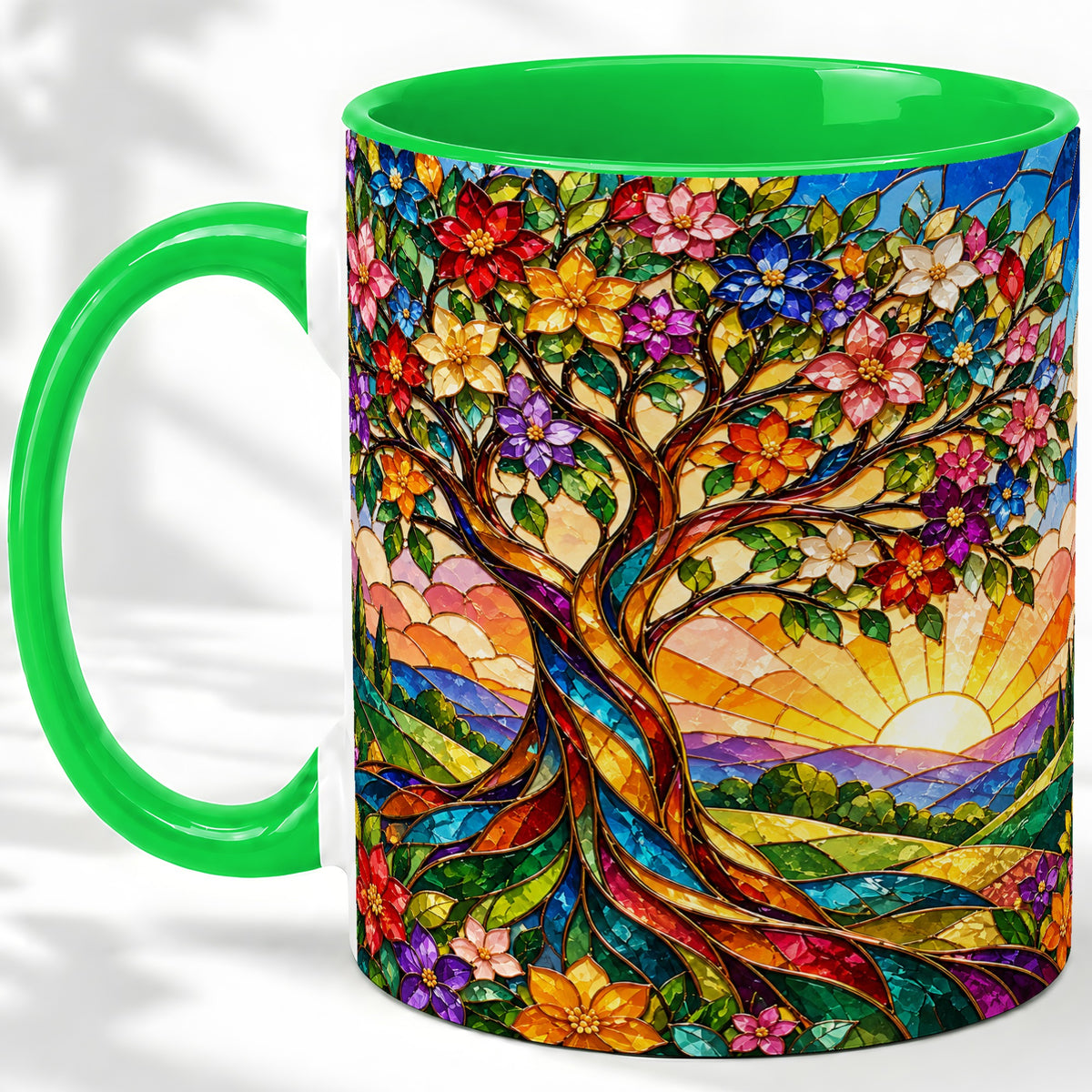 #pl[11oz|Green] Colorful Floral Tree Ceramic Mug, Stained Glass Style Artwork
