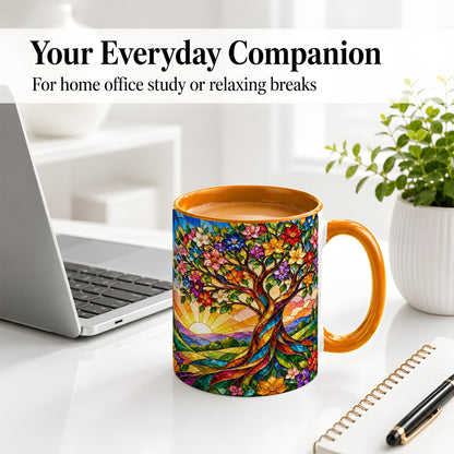 #pl[11oz|Orange] Colorful Floral Tree Ceramic Mug, Stained Glass Style Artwork