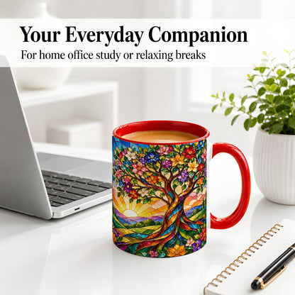 #pl[11oz|Red] Colorful Floral Tree Ceramic Mug, Stained Glass Style Artwork