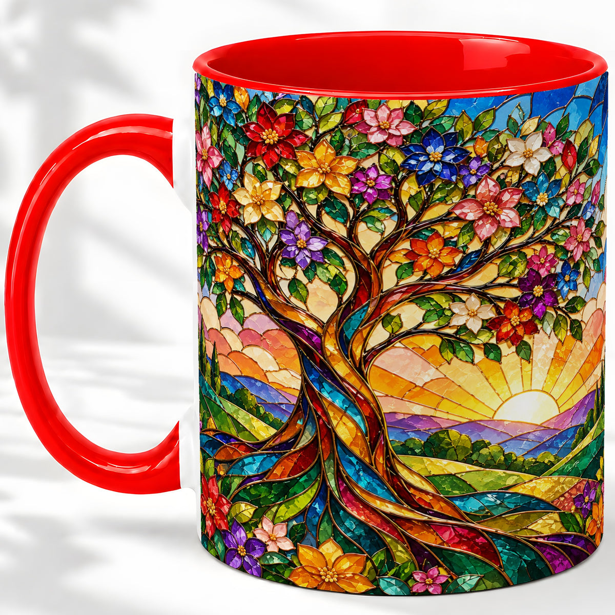 Colorful Floral Tree Ceramic Mug, Stained Glass Style Artwork
