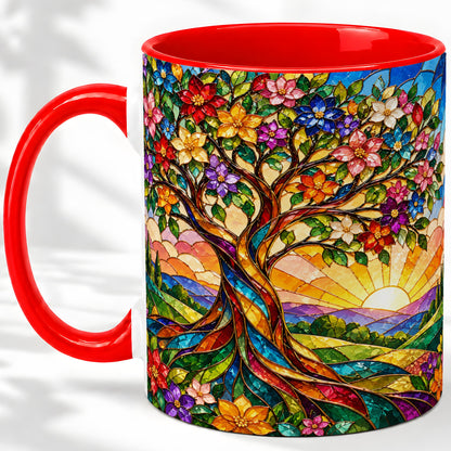 Colorful Floral Tree Ceramic Mug, Stained Glass Style Artwork