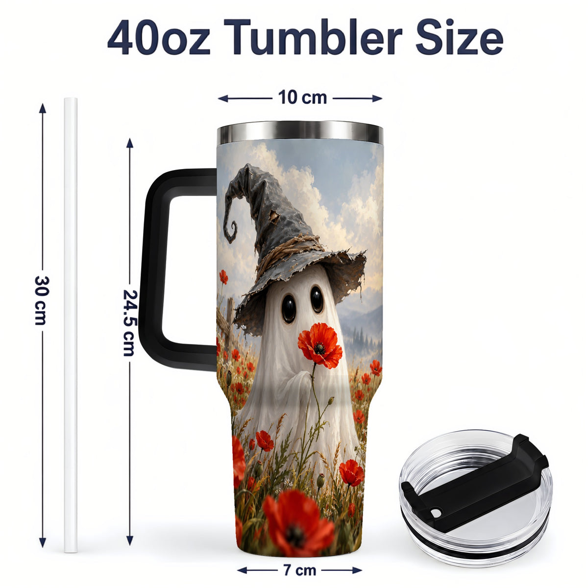 #pl[40oz|Black] Witch Hat Ghost 40oz Tumbler, Poppy Meadow Halloween Artwork