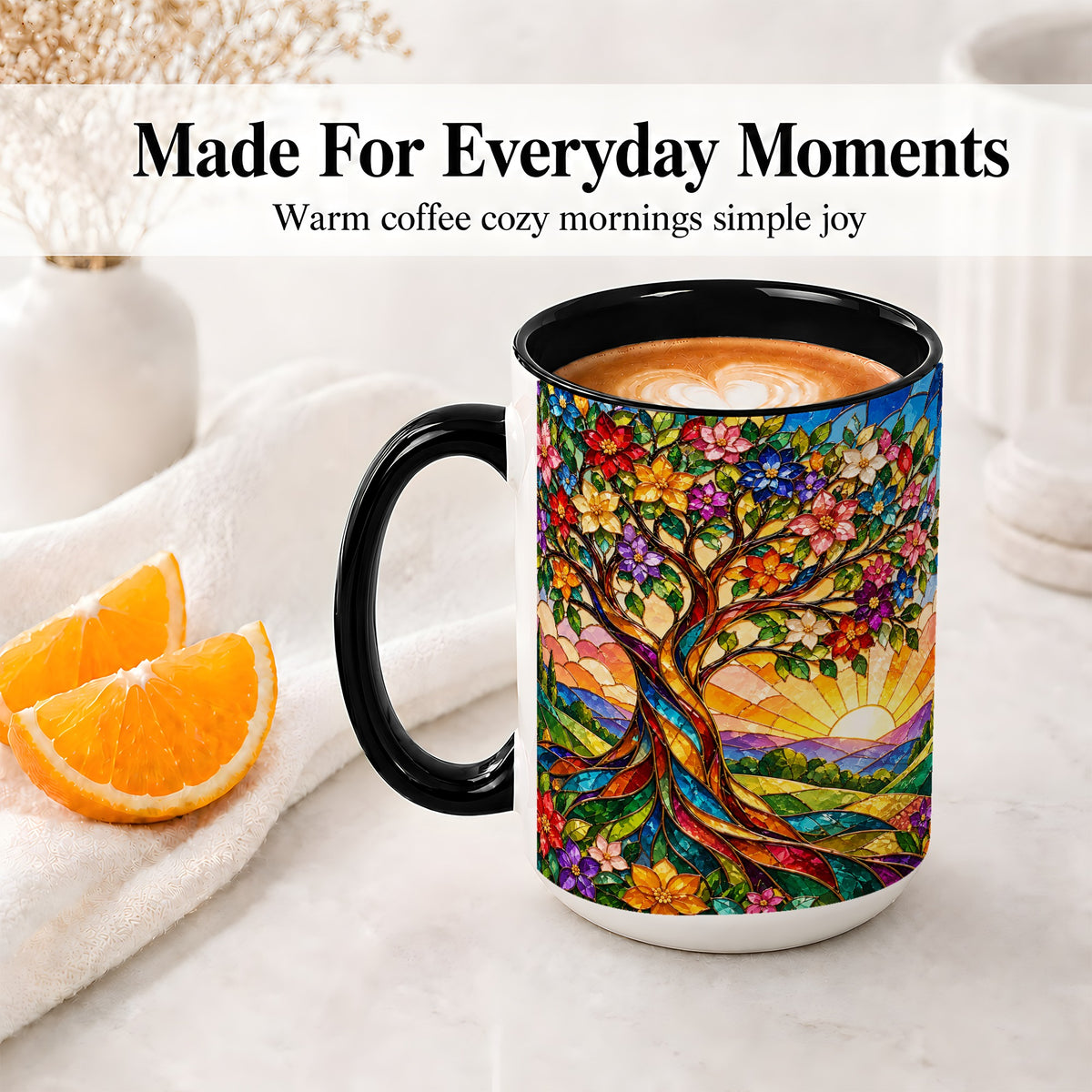 #pl[15oz|Black] Colorful Floral Tree Ceramic Mug, Stained Glass Style Artwork