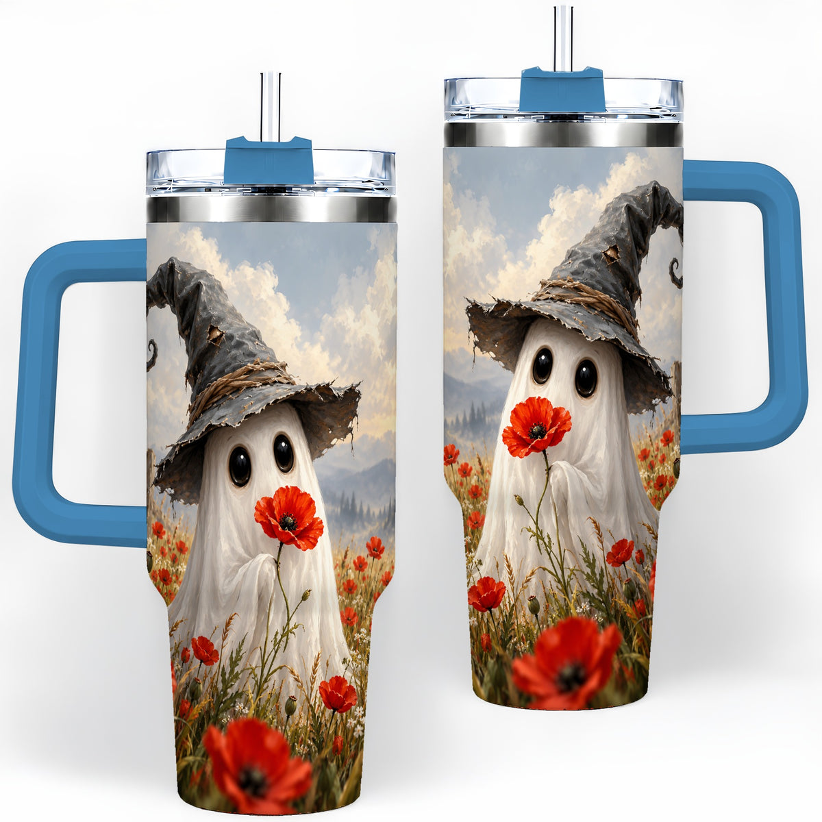 #pl[40oz|Blue] Witch Hat Ghost 40oz Tumbler, Poppy Meadow Halloween Artwork
