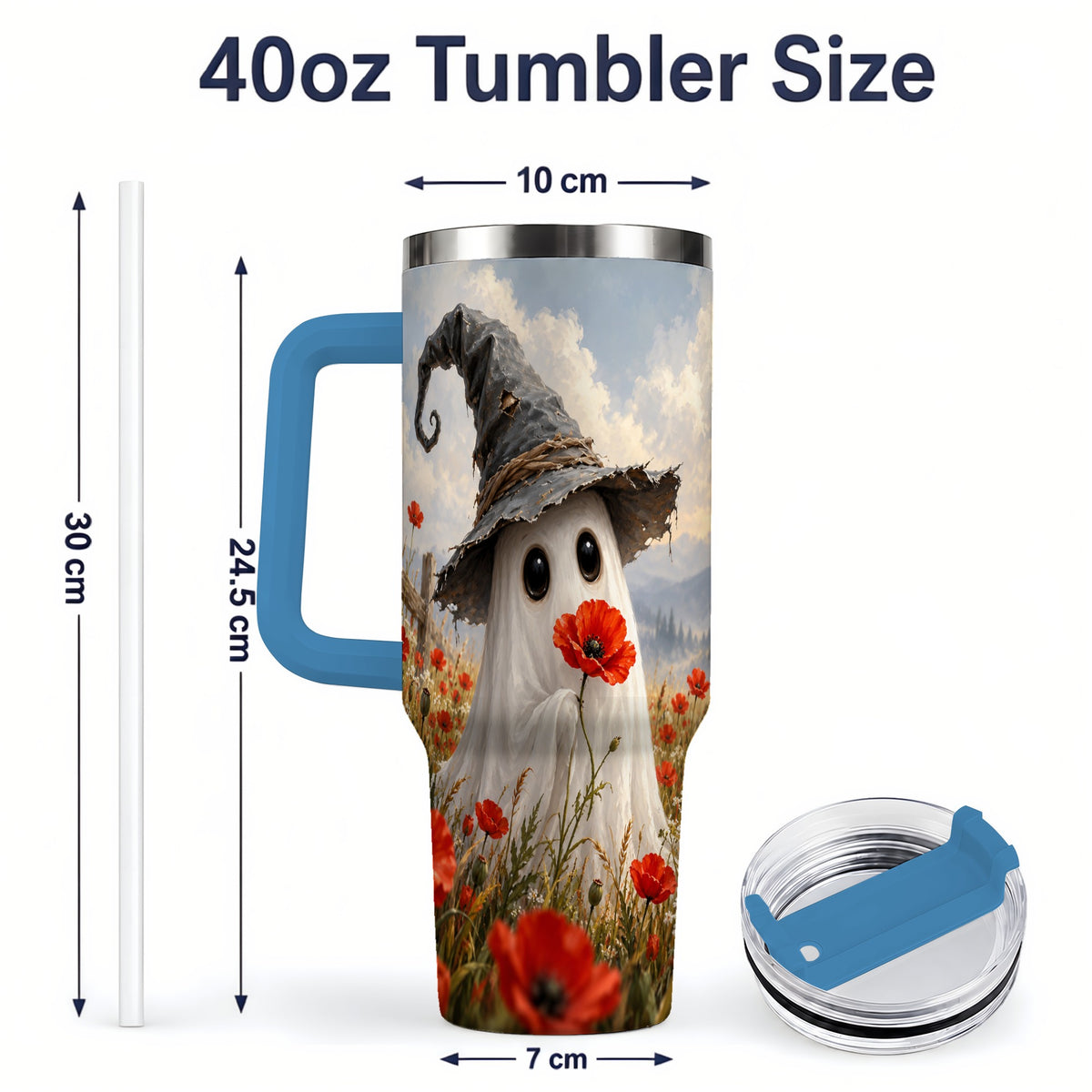 #pl[40oz|Blue] Witch Hat Ghost 40oz Tumbler, Poppy Meadow Halloween Artwork