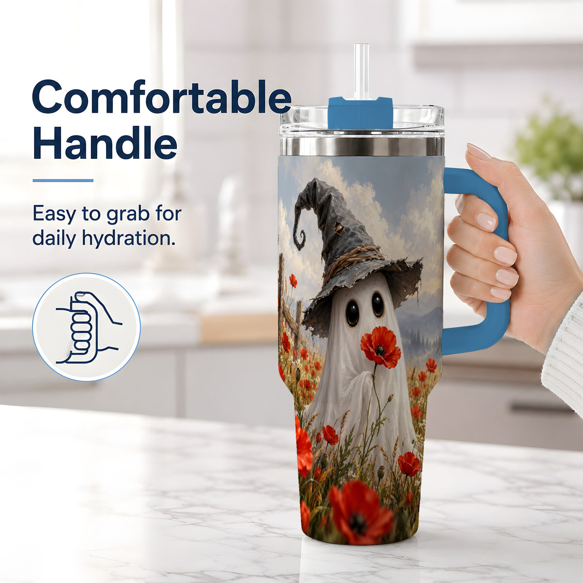 #pl[40oz|Blue] Witch Hat Ghost 40oz Tumbler, Poppy Meadow Halloween Artwork