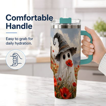 #pl[40oz|Green] Witch Hat Ghost 40oz Tumbler, Poppy Meadow Halloween Artwork