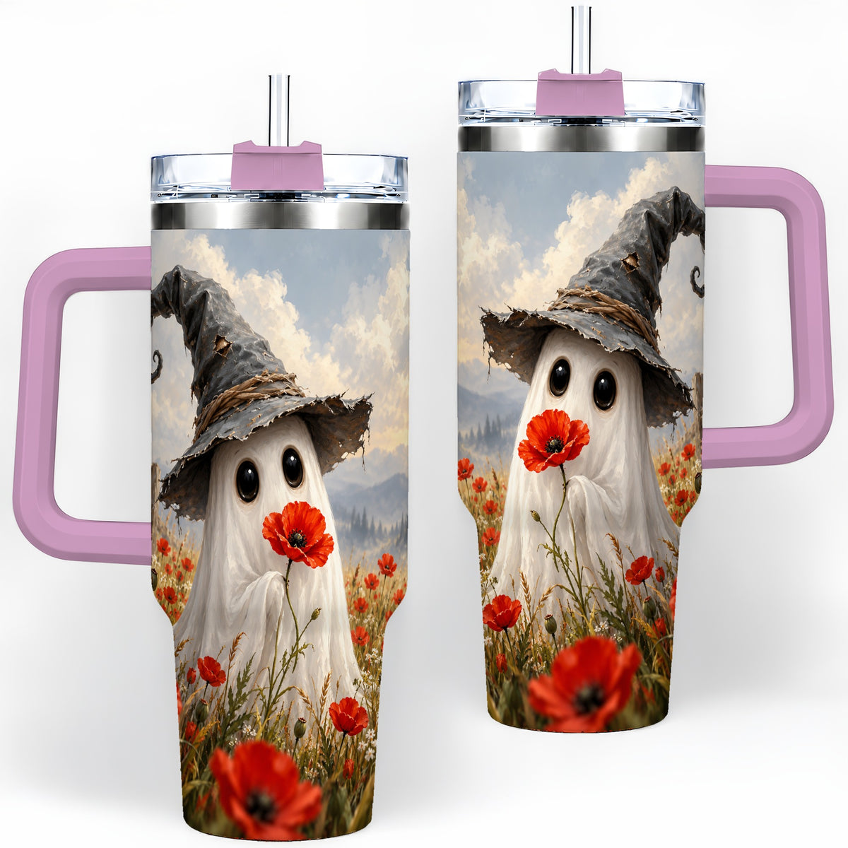 #pl[40oz|Pink] Witch Hat Ghost 40oz Tumbler, Poppy Meadow Halloween Artwork