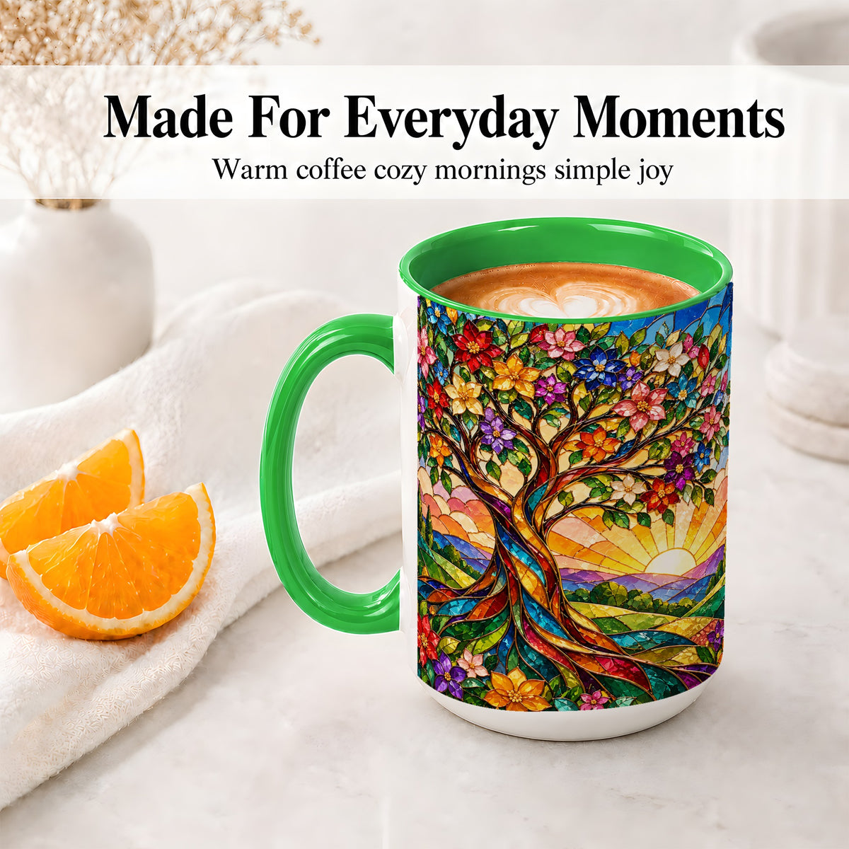 #pl[15oz|Green] Colorful Floral Tree Ceramic Mug, Stained Glass Style Artwork
