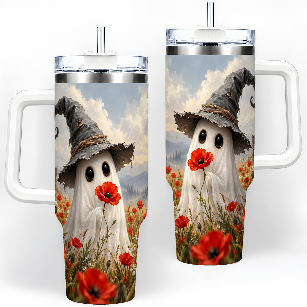 Witch Hat Ghost 40oz Tumbler, Poppy Meadow Halloween Artwork