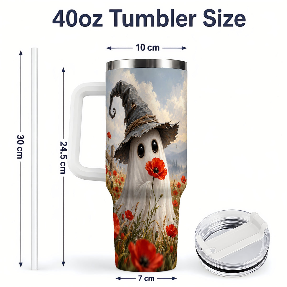 #pl[40oz|White] Witch Hat Ghost 40oz Tumbler, Poppy Meadow Halloween Artwork