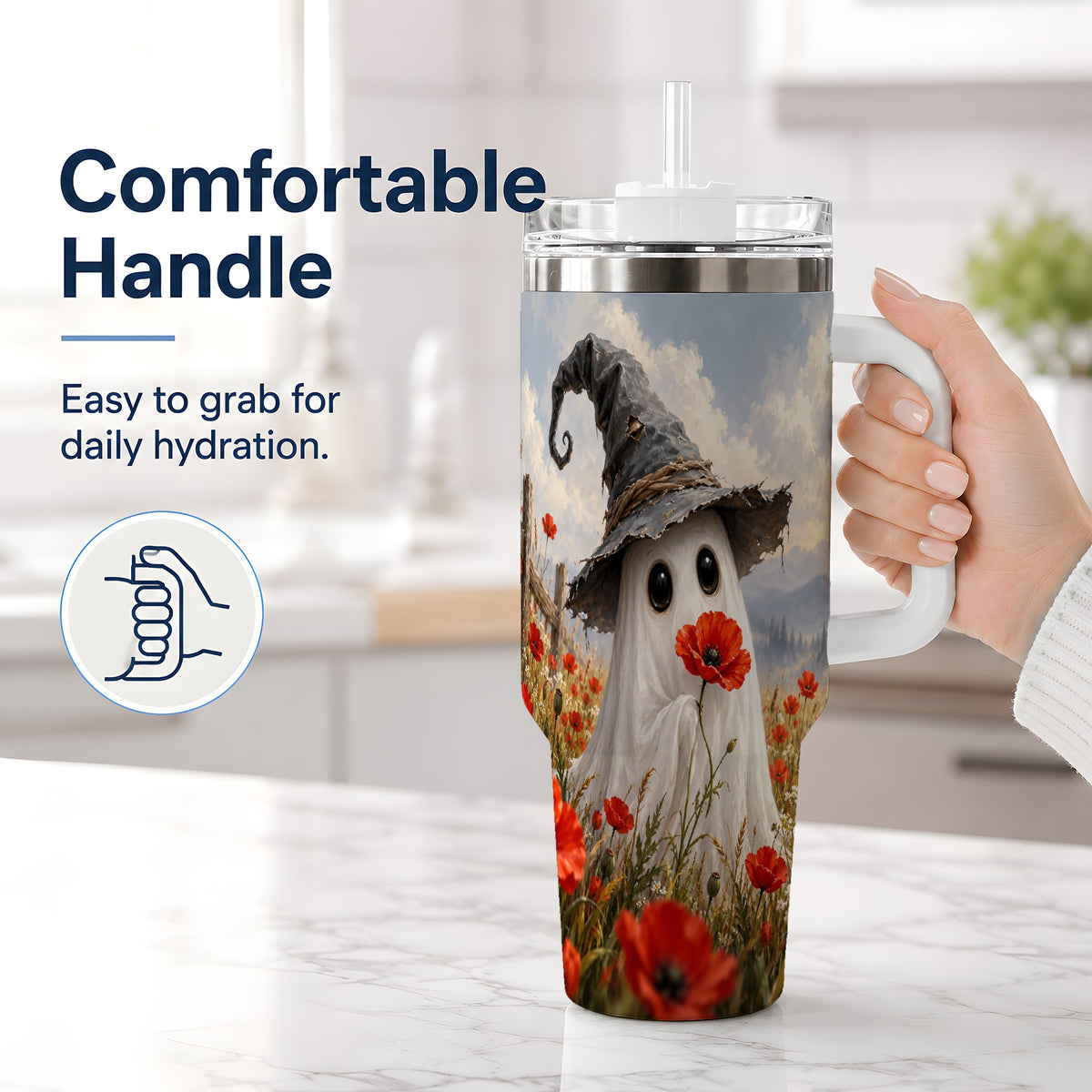 #pl[40oz|White] Witch Hat Ghost 40oz Tumbler, Poppy Meadow Halloween Artwork