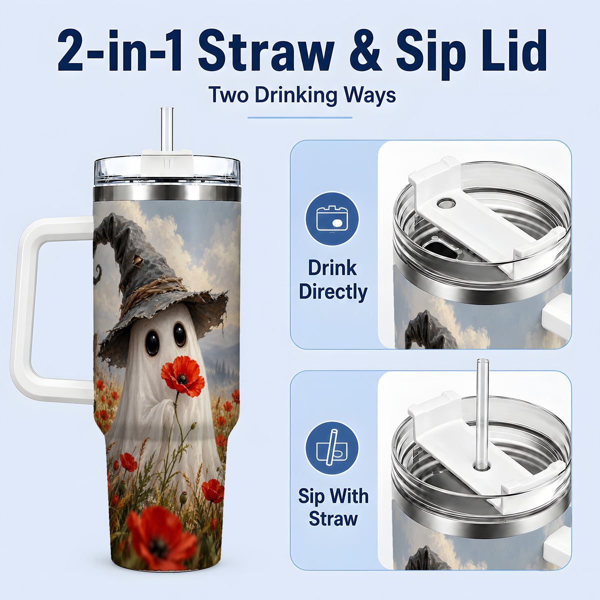 #pl[40oz|White] Witch Hat Ghost 40oz Tumbler, Poppy Meadow Halloween Artwork