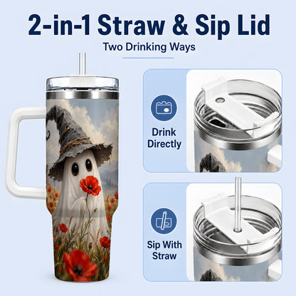 #pl[40oz|White] Witch Hat Ghost 40oz Tumbler, Poppy Meadow Halloween Artwork